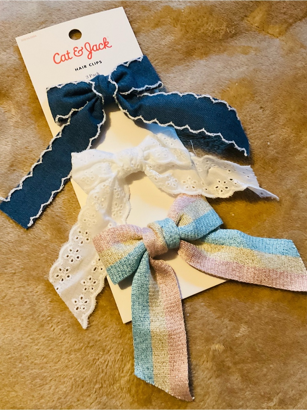 🆕 Cat & Jack Denim Blue, Eyelet White & Sparkly Pastel Striped Bow Clip Set 🌸🤍💗